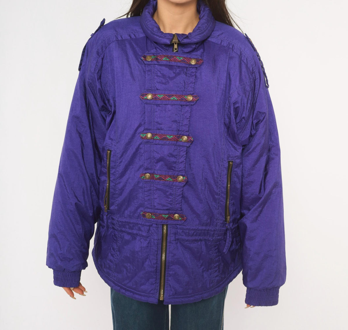 90s Purple Ski Jacket Geometric Embroidered Nylon Puffer Womens Large L