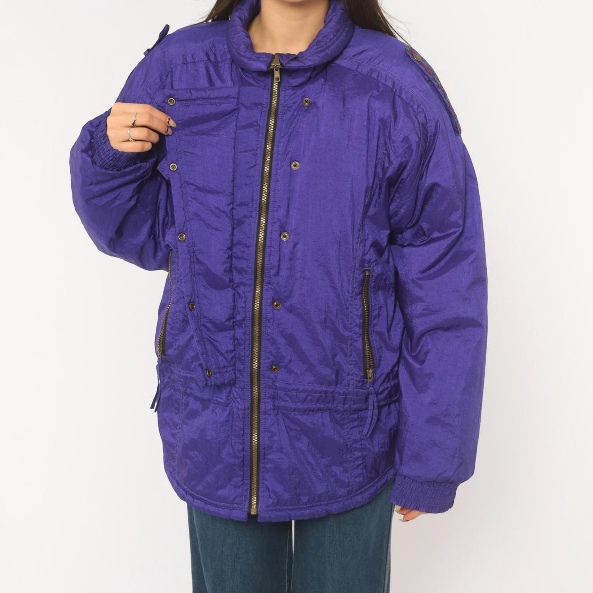 90s Purple Ski Jacket Geometric Embroidered Nylon Puffer Womens Large L