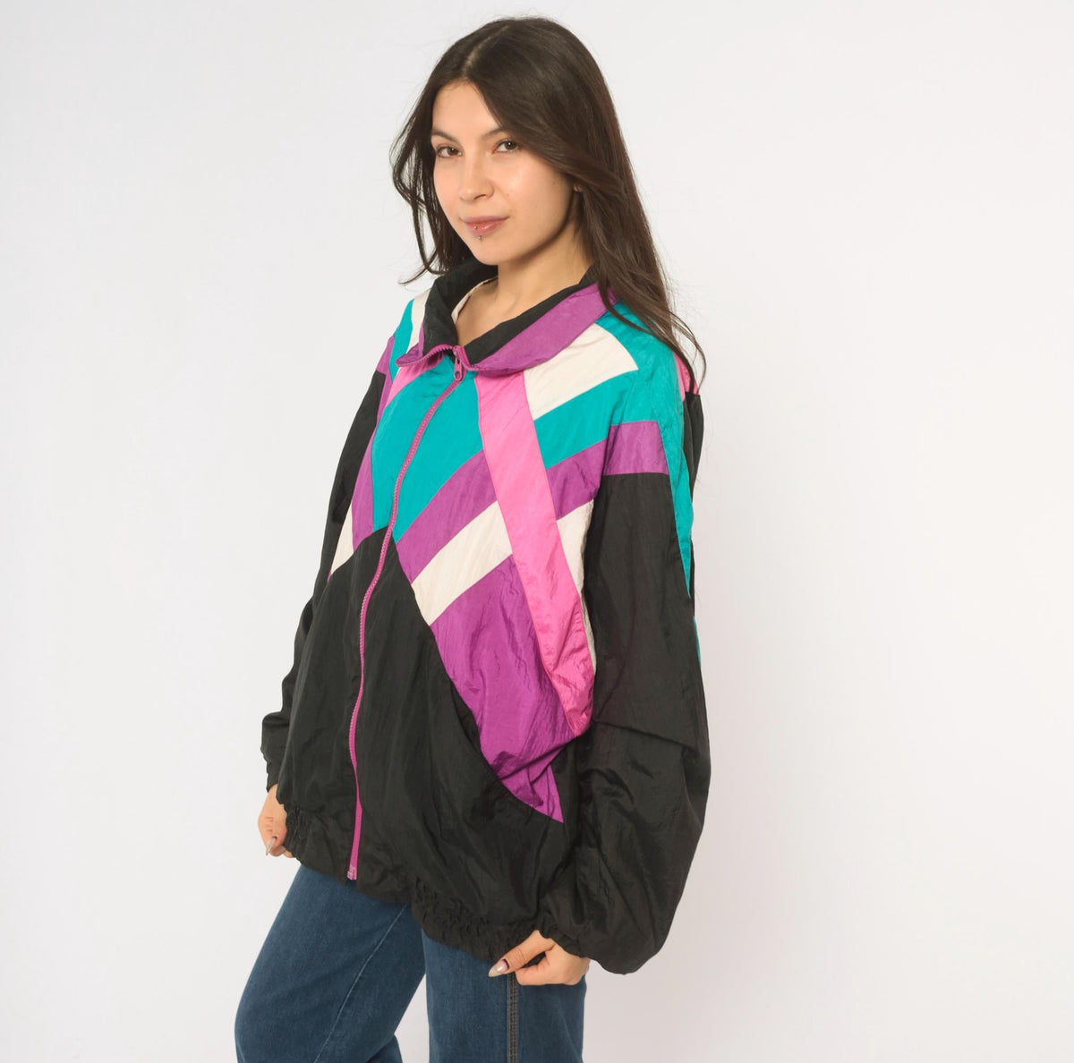 90s R.E. Sport Color Block Windbreaker Black Purple Teal Pink Chevron Extra Large XL