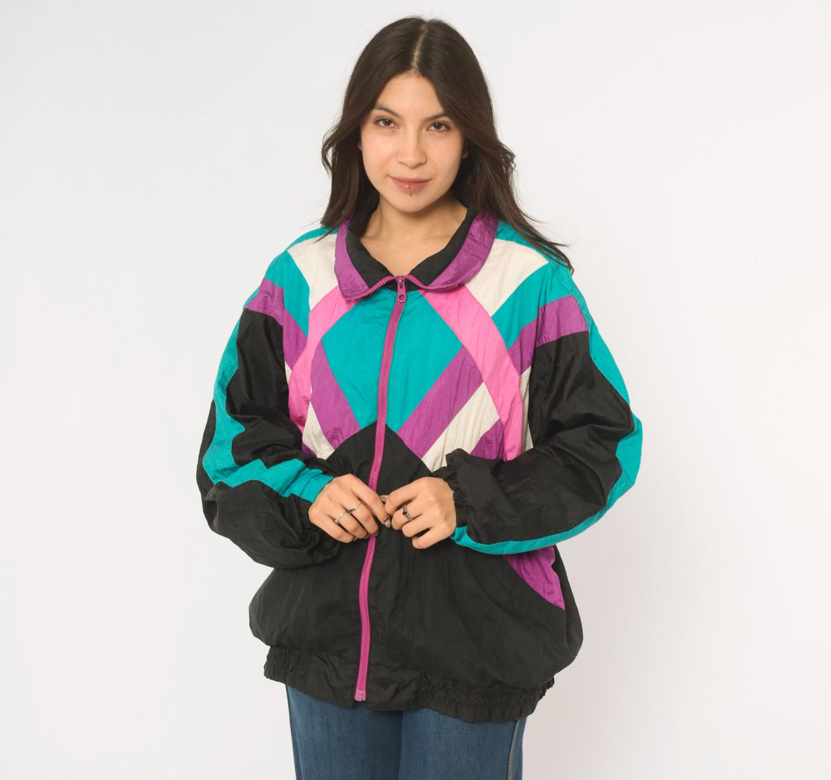 90s R.E. Sport Color Block Windbreaker Black Purple Teal Pink Chevron Extra Large XL