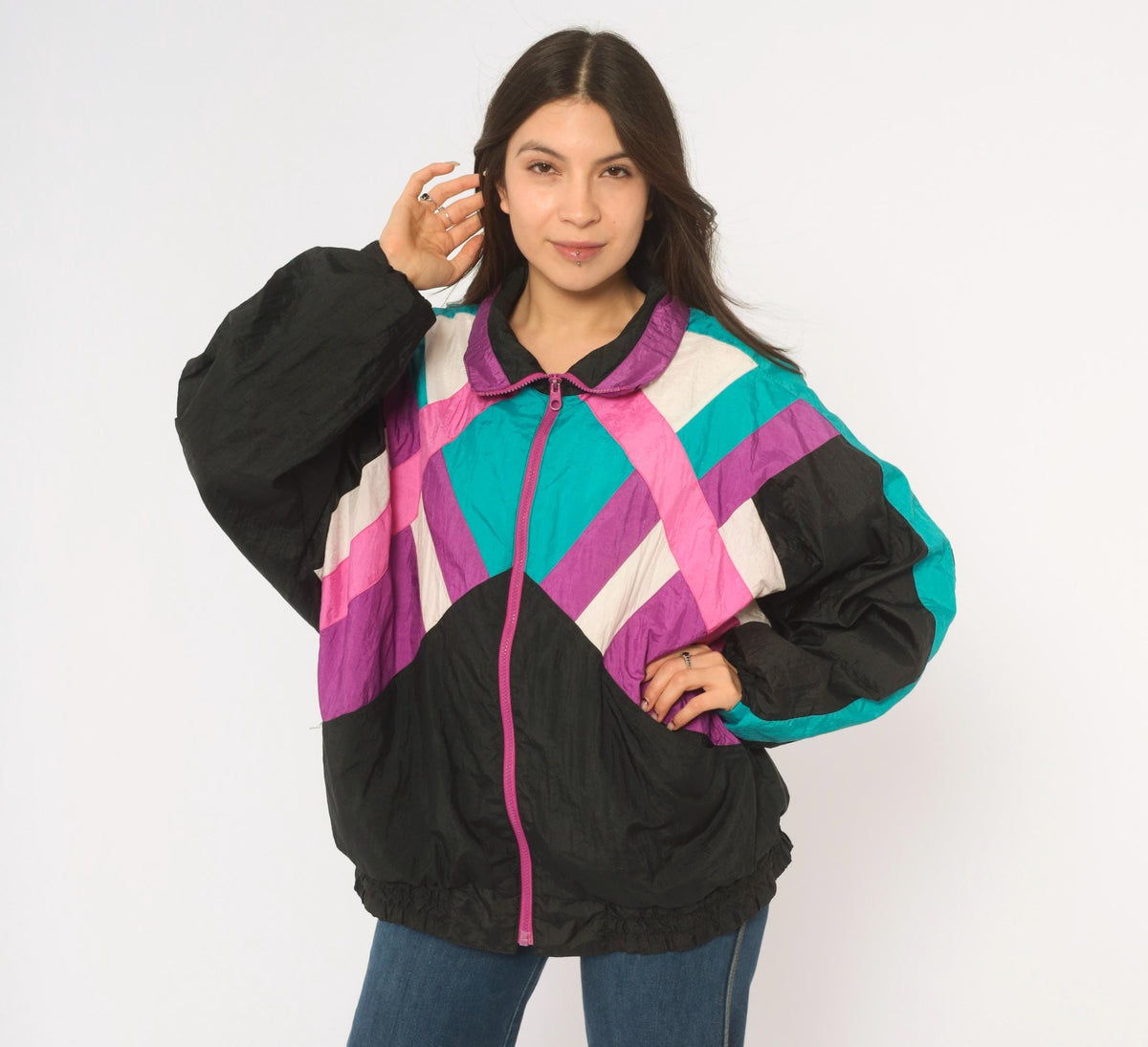 90s R.E. Sport Color Block Windbreaker Black Purple Teal Pink Chevron Extra Large XL