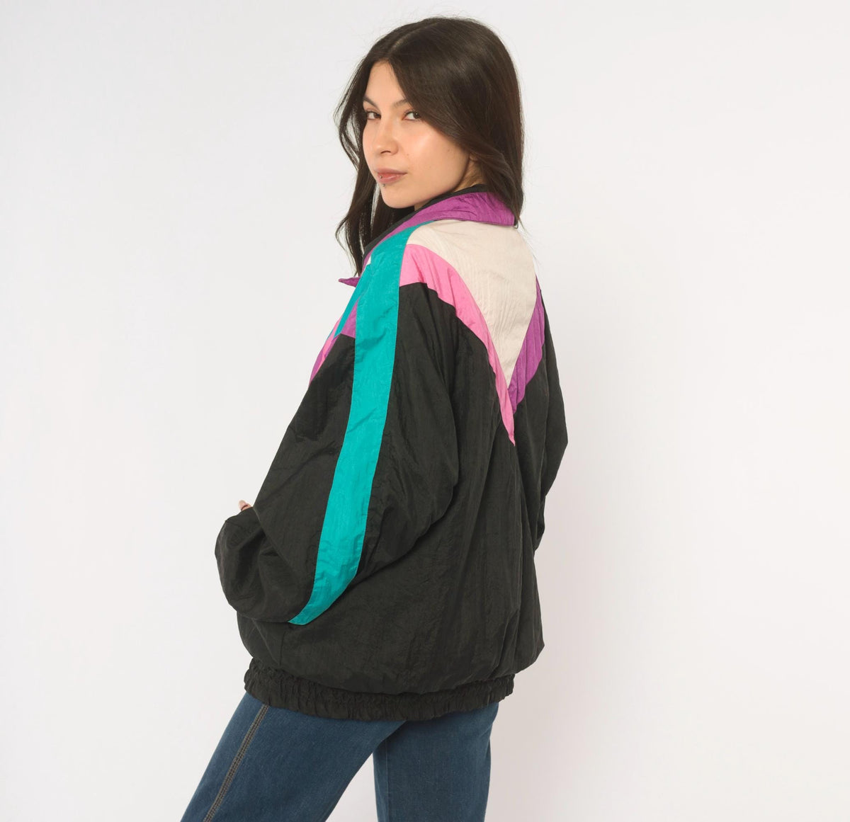 90s R.E. Sport Color Block Windbreaker Black Purple Teal Pink Chevron Extra Large XL
