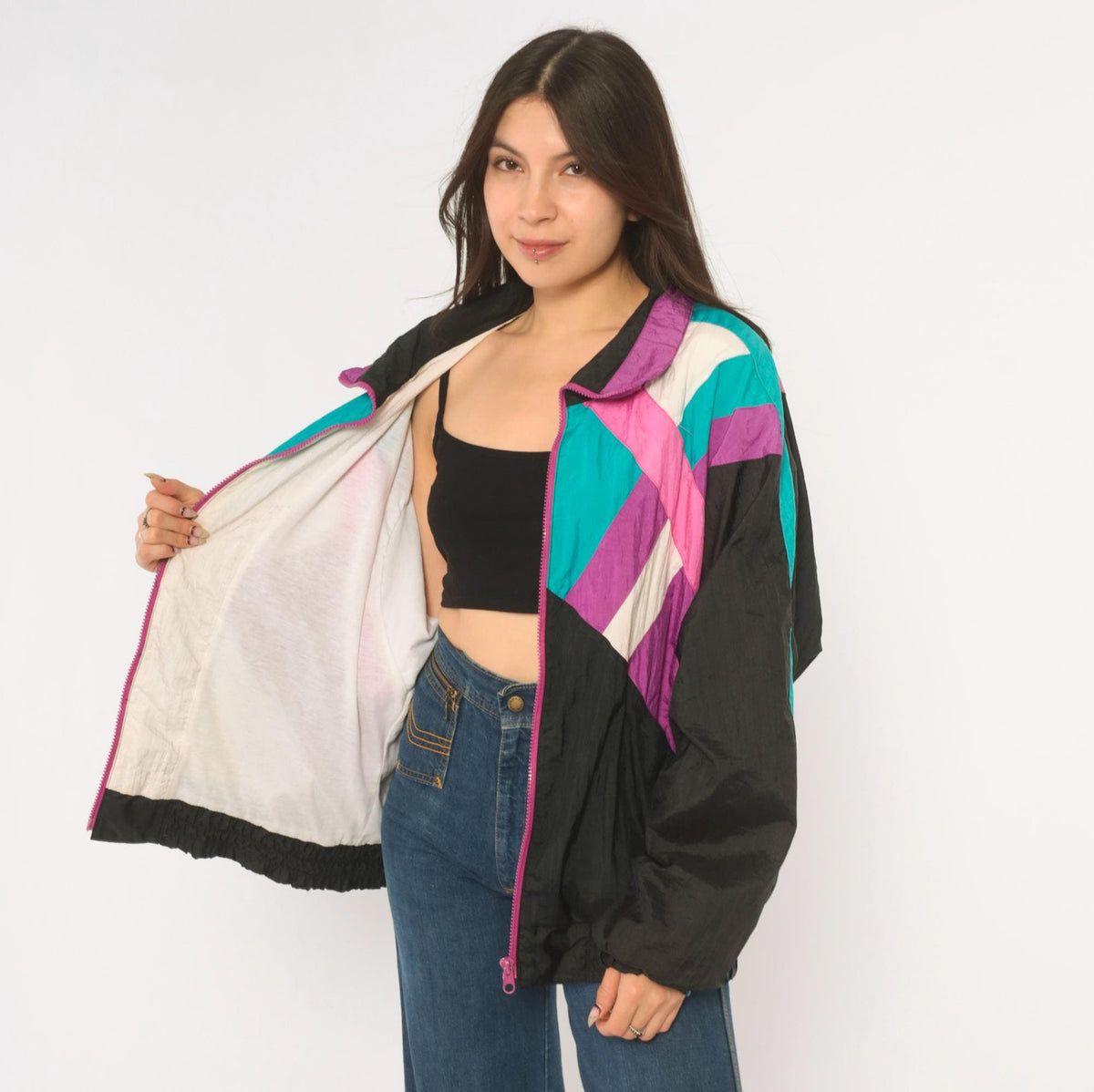 90s R.E. Sport Color Block Windbreaker Black Purple Teal Pink Chevron Extra Large XL