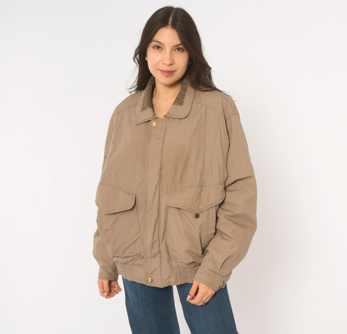 90s Members Only Bomber Jacket Grey Taupe Snap Collar Medium M