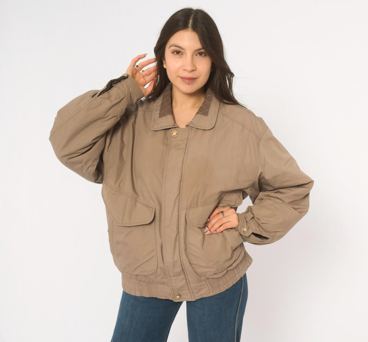 90s Members Only Bomber Jacket Grey Taupe Snap Collar Medium M