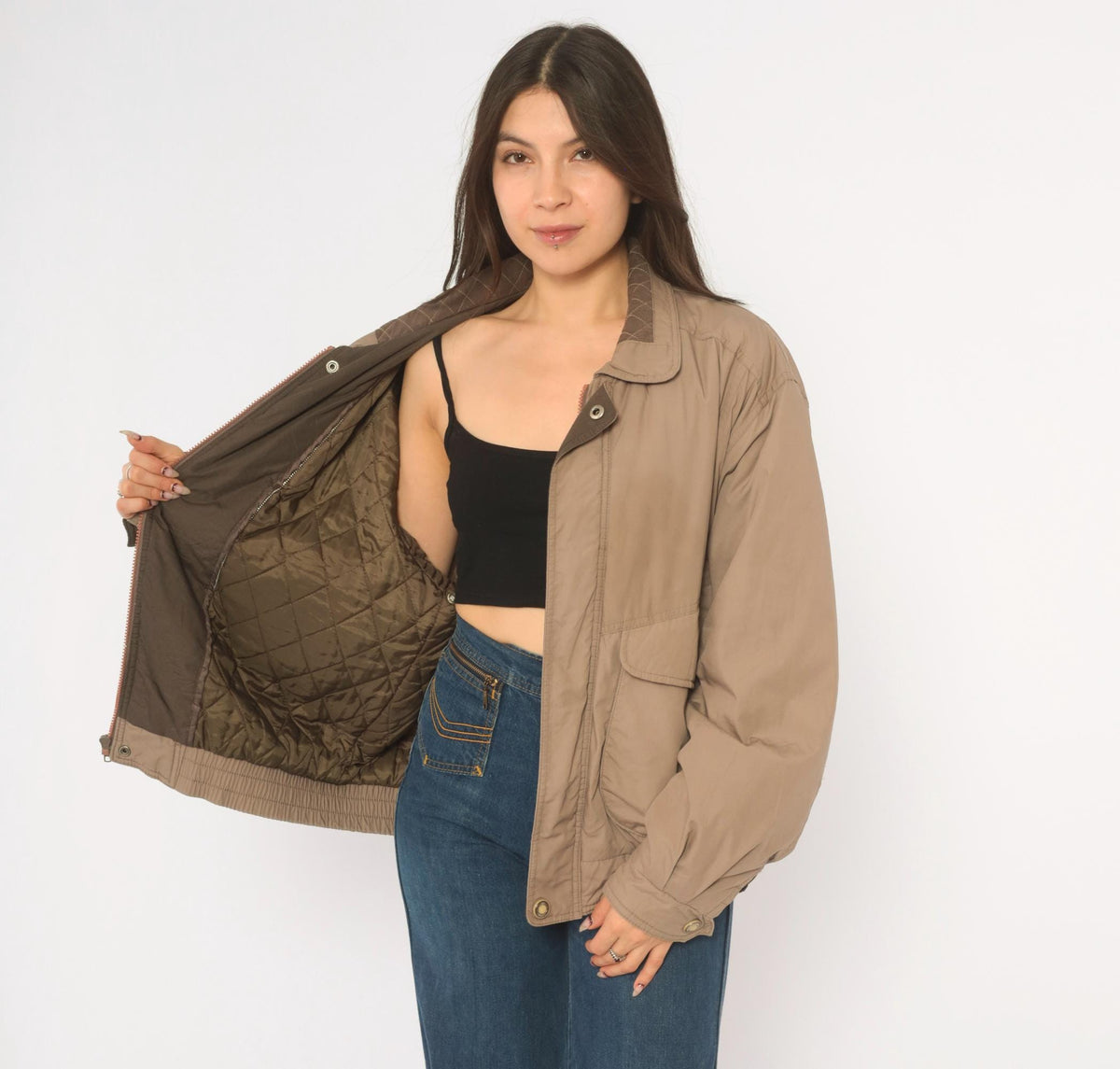 90s Members Only Bomber Jacket Grey Taupe Snap Collar Medium M