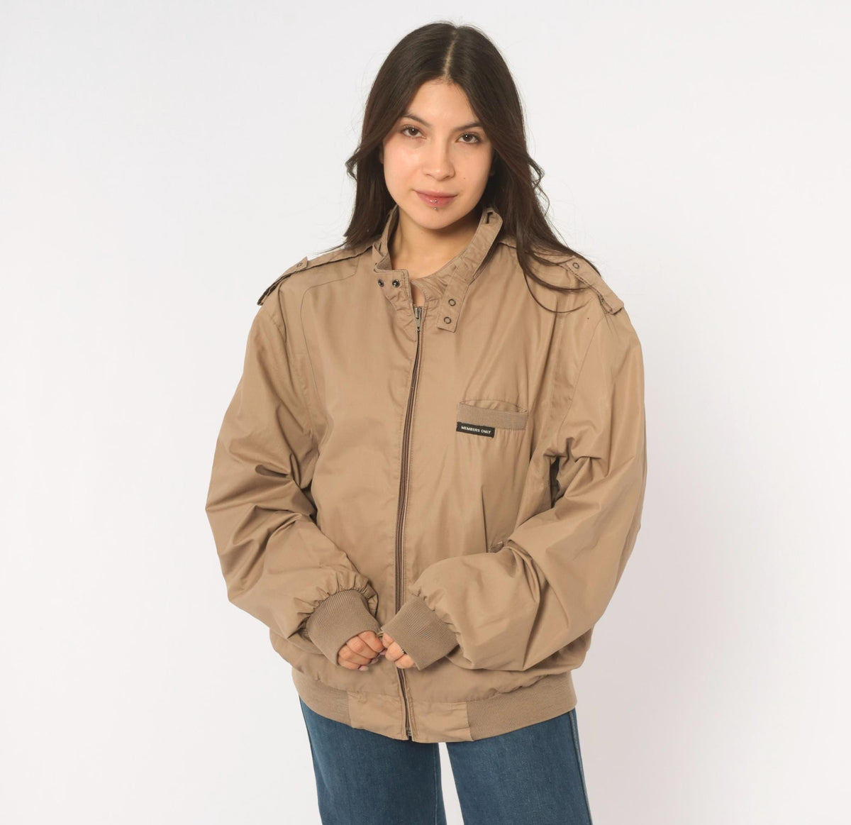 80s Members Only Tan Bomber Jacket Snap Collar Epaulettes Medium