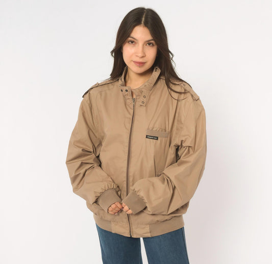 80s Members Only Tan Bomber Jacket Snap Collar Epaulettes Medium