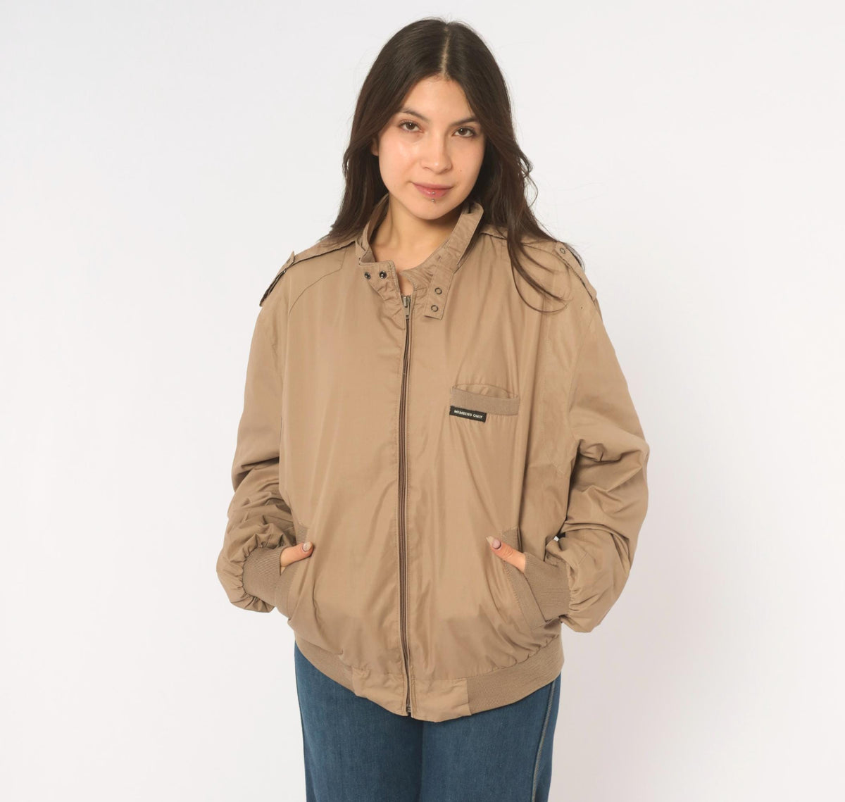 80s Members Only Tan Bomber Jacket Snap Collar Epaulettes Medium