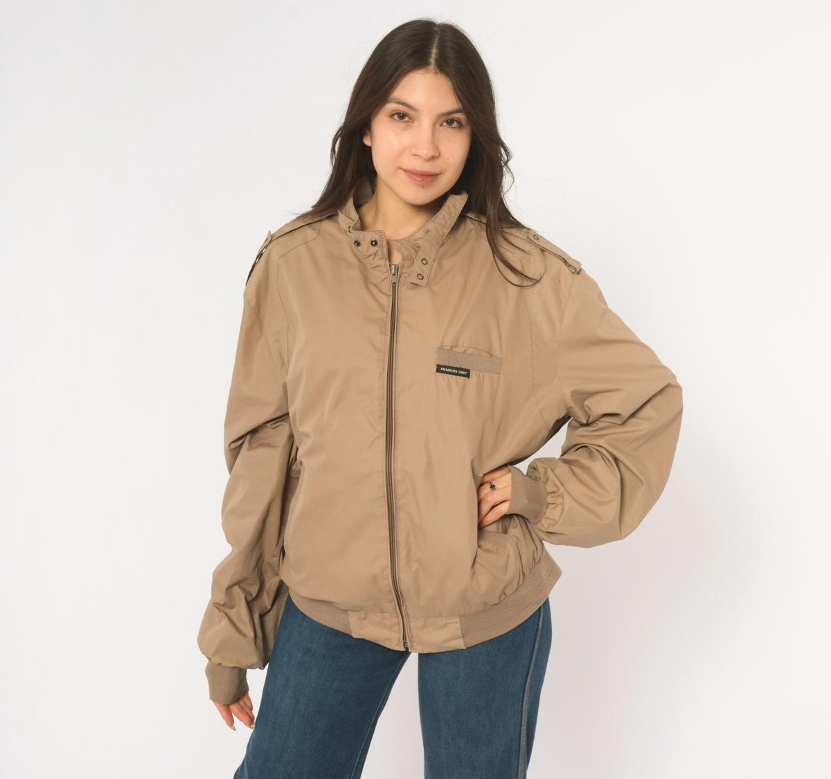 80s Members Only Tan Bomber Jacket Snap Collar Epaulettes Medium