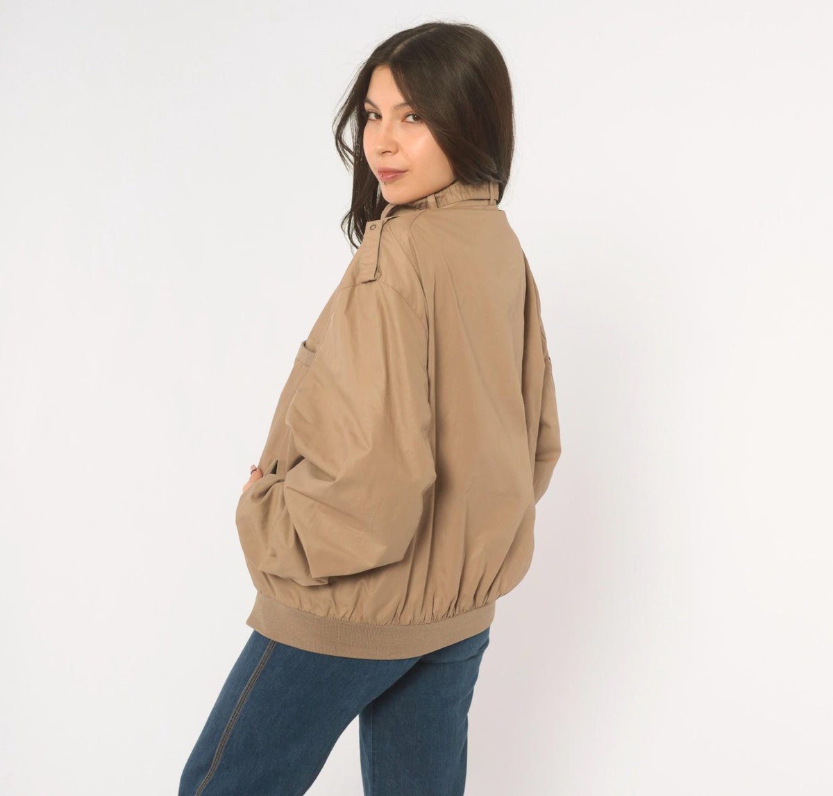 80s Members Only Tan Bomber Jacket Snap Collar Epaulettes Medium