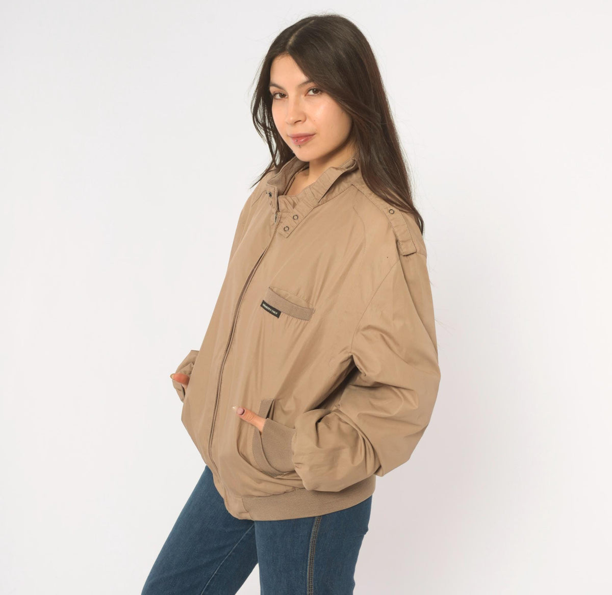 80s Members Only Tan Bomber Jacket Snap Collar Epaulettes Medium