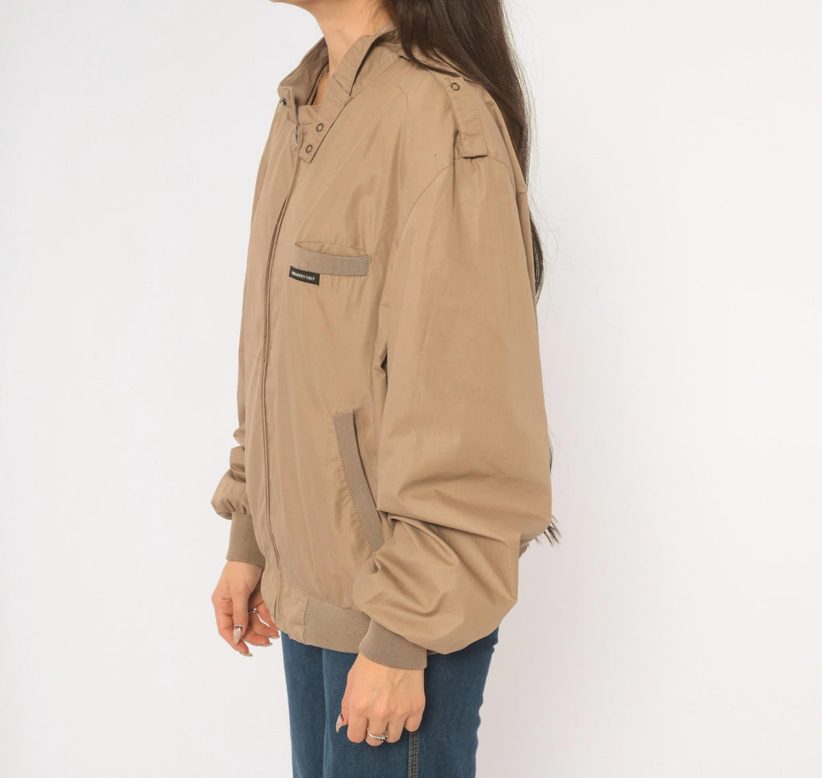 80s Members Only Tan Bomber Jacket Snap Collar Epaulettes Medium