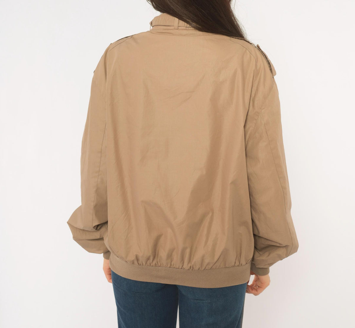 80s Members Only Tan Bomber Jacket Snap Collar Epaulettes Medium