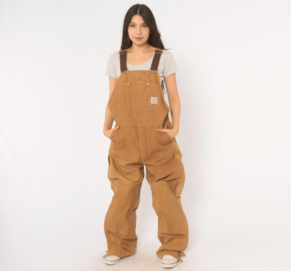 80s Carhartt Duck Canvas Bib Overalls Tan Double Knee Workwear Medium