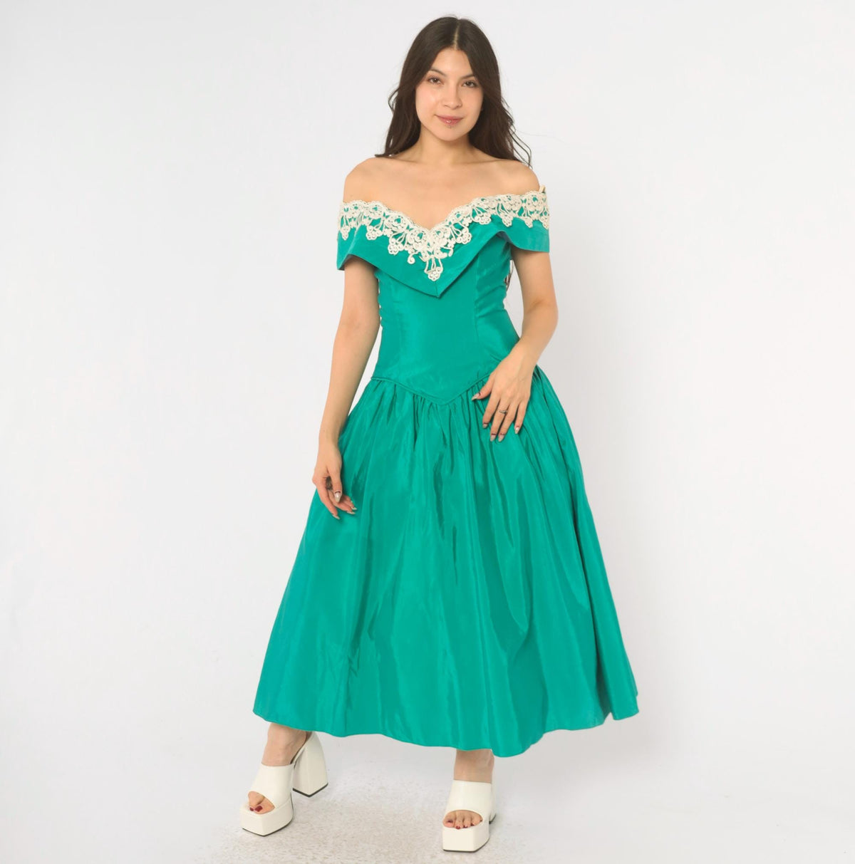 80s Teal Off-Shoulder Prom Dress Lace Trim Drop Waist Sweetheart Neckline Medium