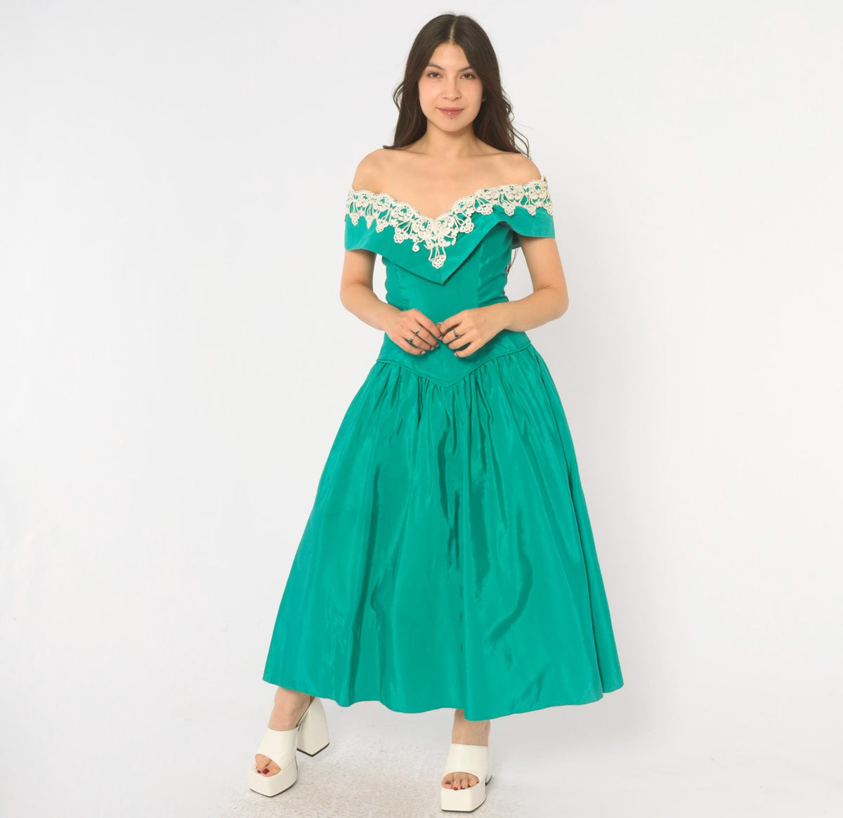80s Teal Off-Shoulder Prom Dress Lace Trim Drop Waist Sweetheart Neckline Medium