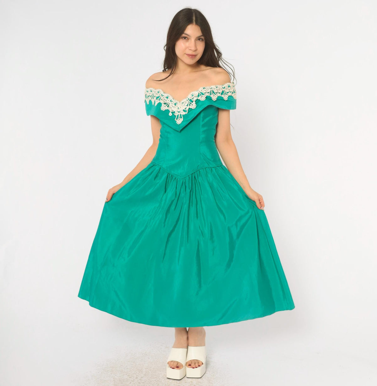 80s Teal Off-Shoulder Prom Dress Lace Trim Drop Waist Sweetheart Neckline Medium