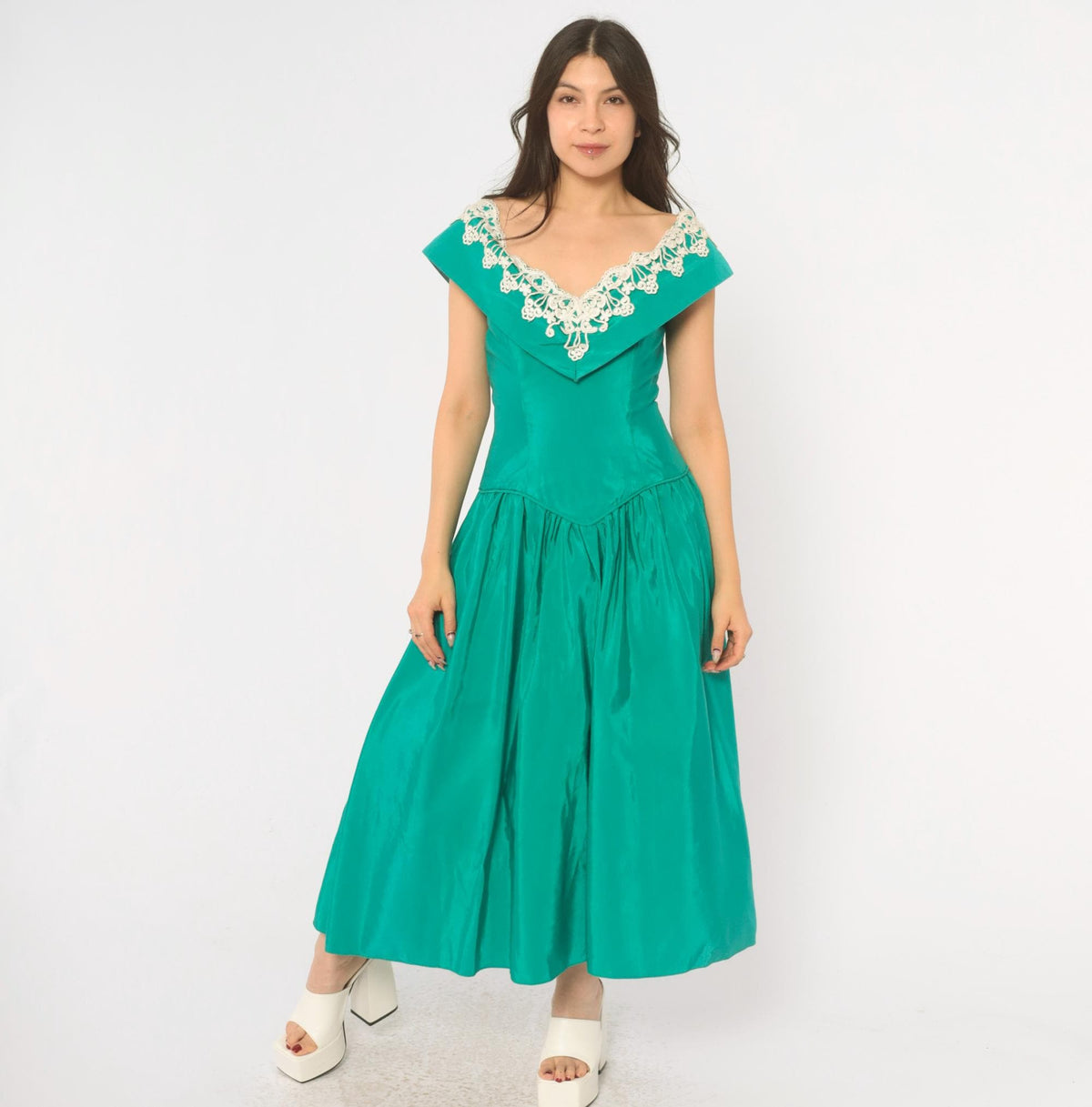 80s Teal Off-Shoulder Prom Dress Lace Trim Drop Waist Sweetheart Neckline Medium