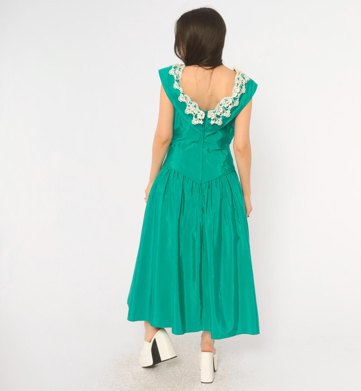80s Teal Off-Shoulder Prom Dress Lace Trim Drop Waist Sweetheart Neckline Medium
