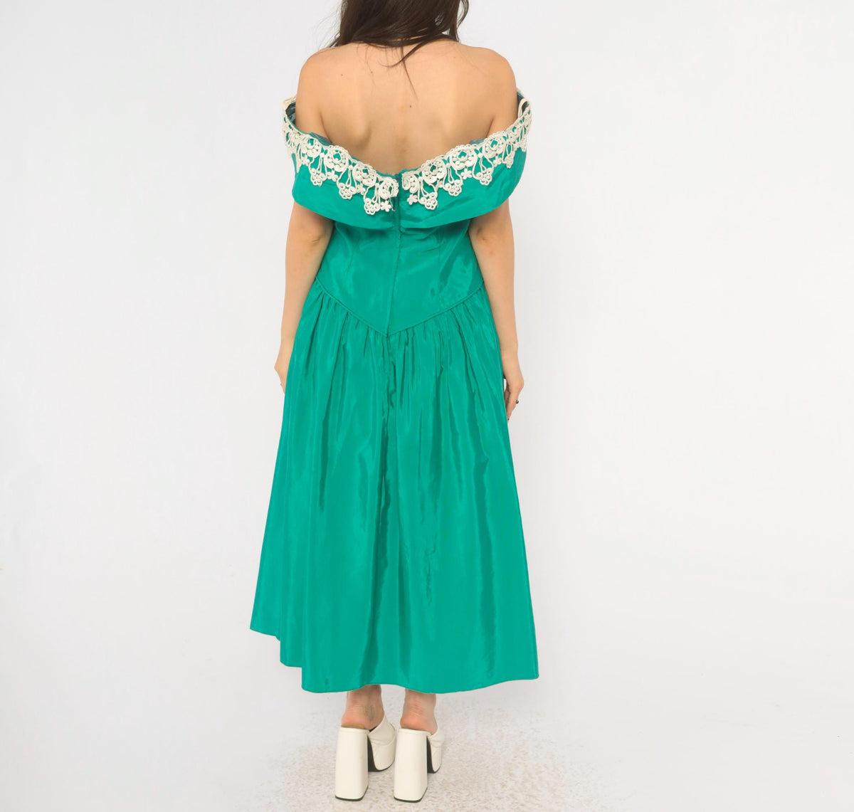 80s Teal Off-Shoulder Prom Dress Lace Trim Drop Waist Sweetheart Neckline Medium