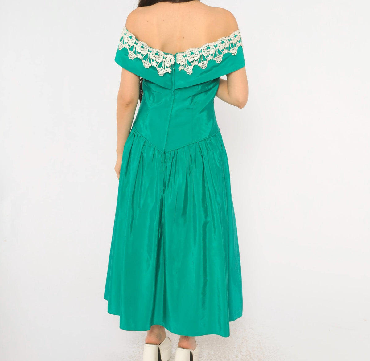 80s Teal Off-Shoulder Prom Dress Lace Trim Drop Waist Sweetheart Neckline Medium