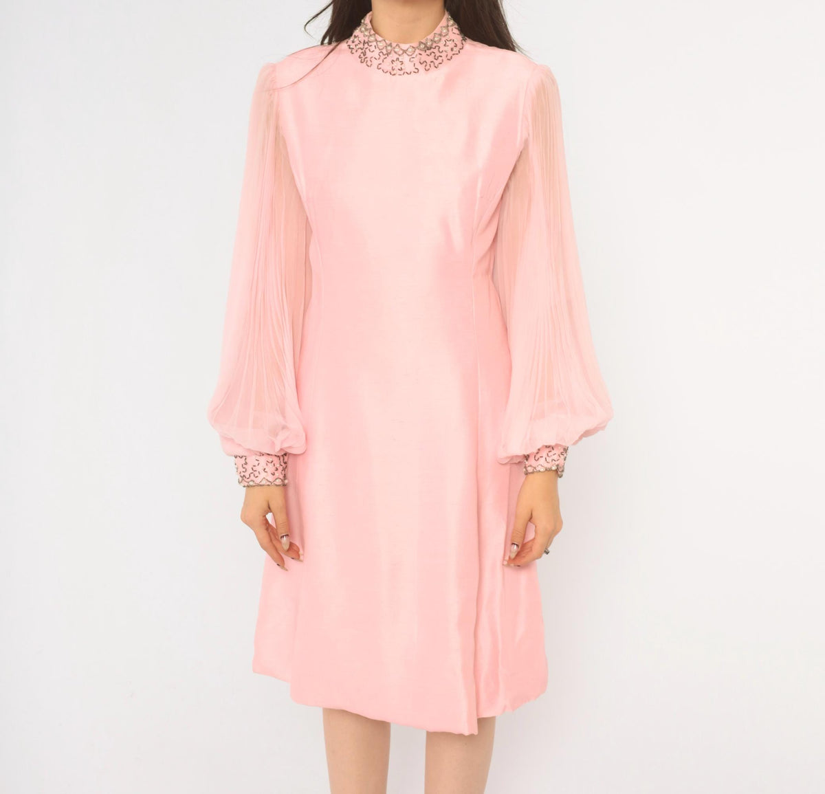 60s Pink Beaded Collar Shift Dress Bishop Sleeve Knee-Length Small S