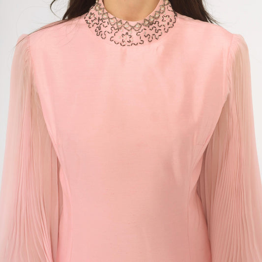 60s Pink Beaded Collar Shift Dress Bishop Sleeve Knee-Length Small S