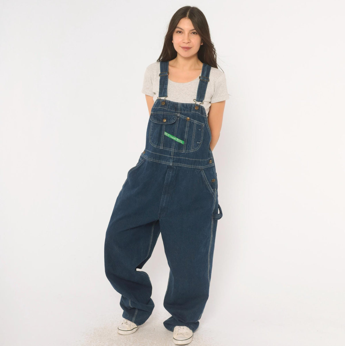Y2K Key Denim Bib Overalls Dark Blue Wide Leg Carpenter Workwear Medium