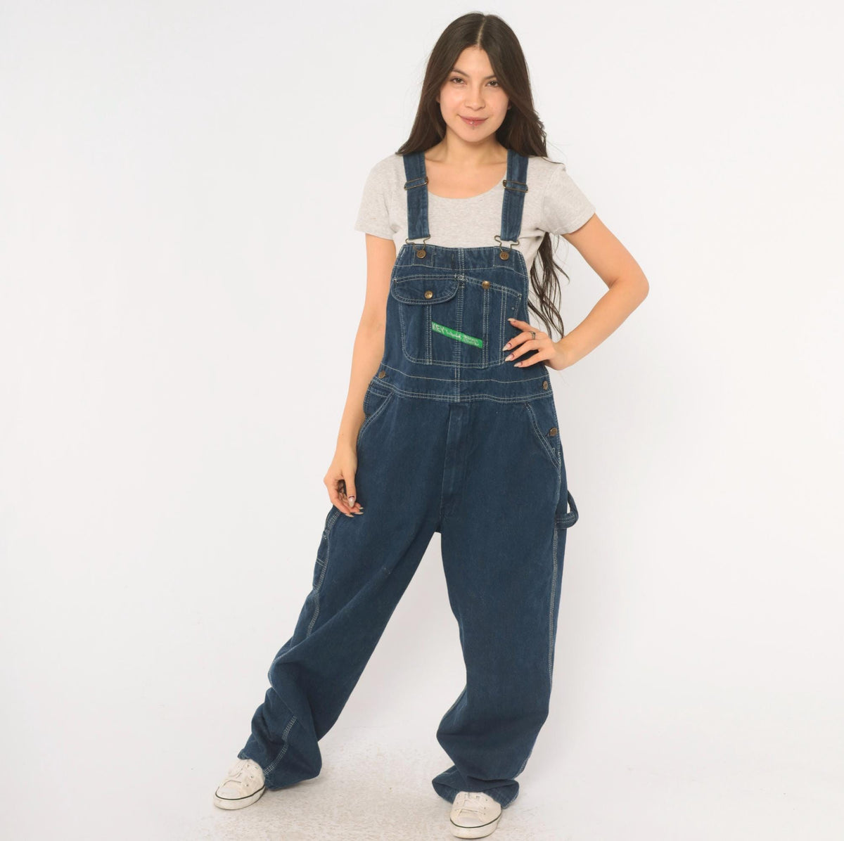 Y2K Key Denim Bib Overalls Dark Blue Wide Leg Carpenter Workwear Medium