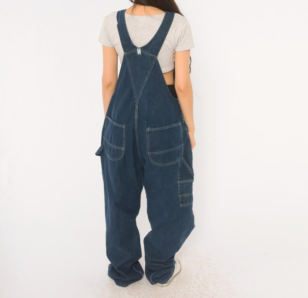 Y2K Key Denim Bib Overalls Dark Blue Wide Leg Carpenter Workwear Medium