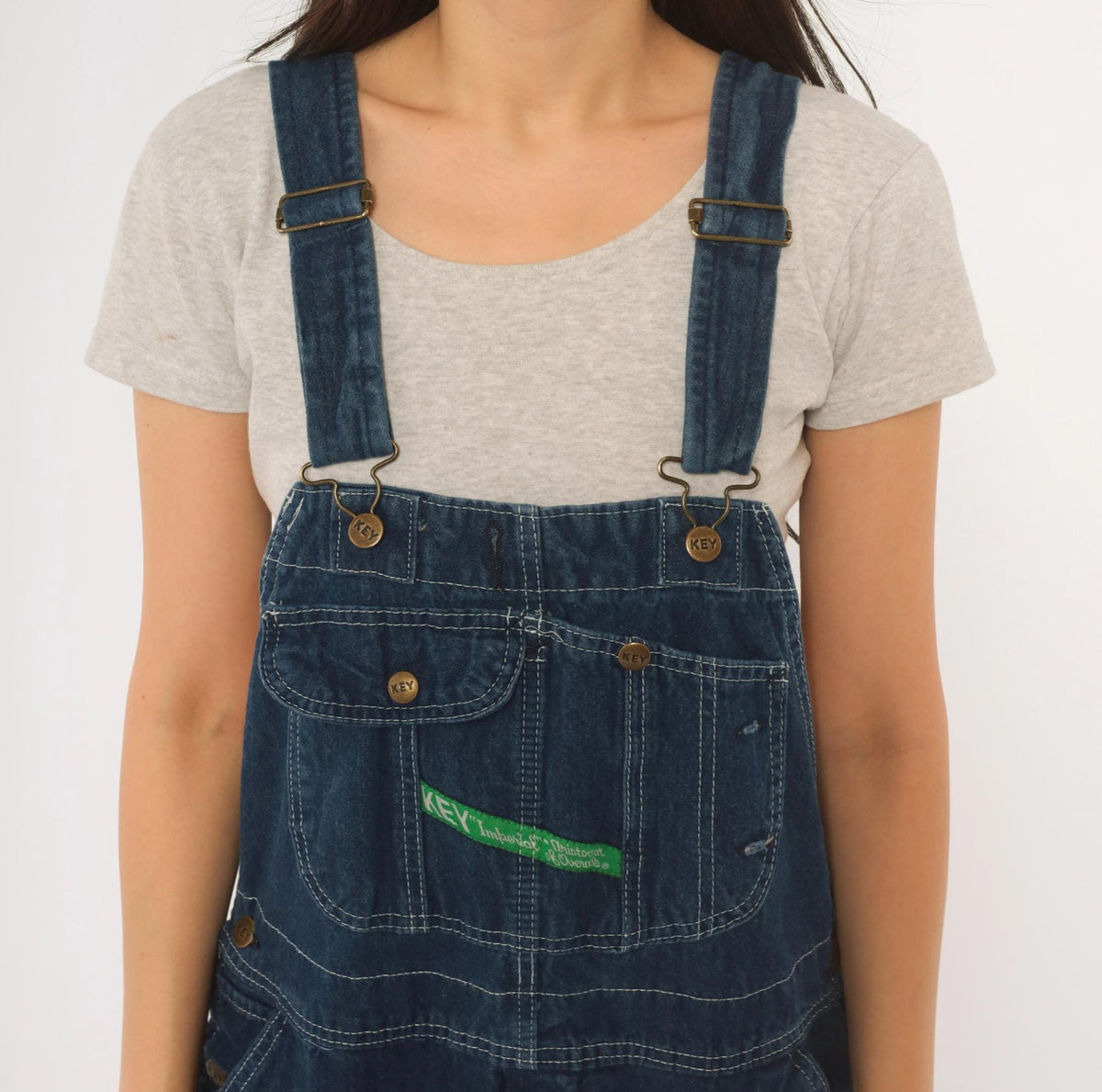 Y2K Key Denim Bib Overalls Dark Blue Wide Leg Carpenter Workwear Medium