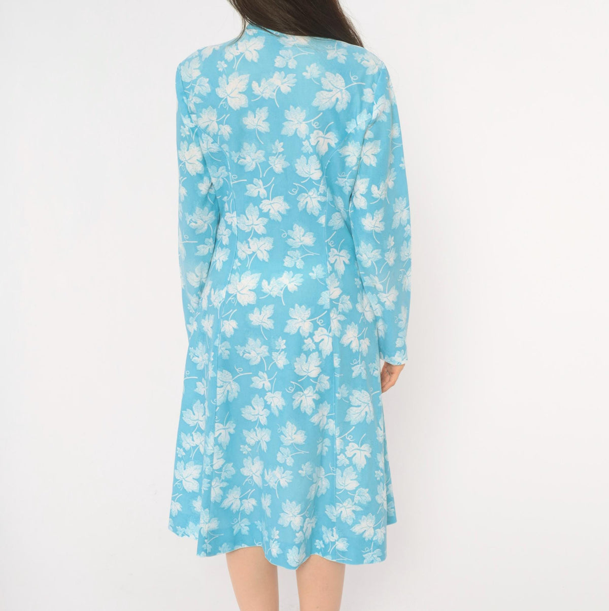 70s Montgomery Ward Floral Dress Blue Leaf Print Tie Neck Button Front Medium M