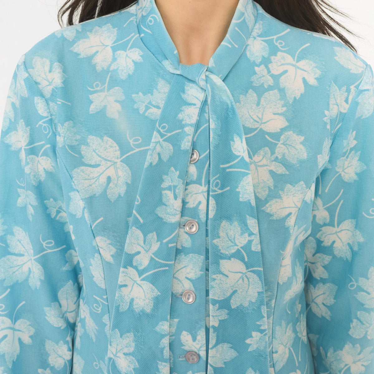 70s Montgomery Ward Floral Dress Blue Leaf Print Tie Neck Button Front Medium M