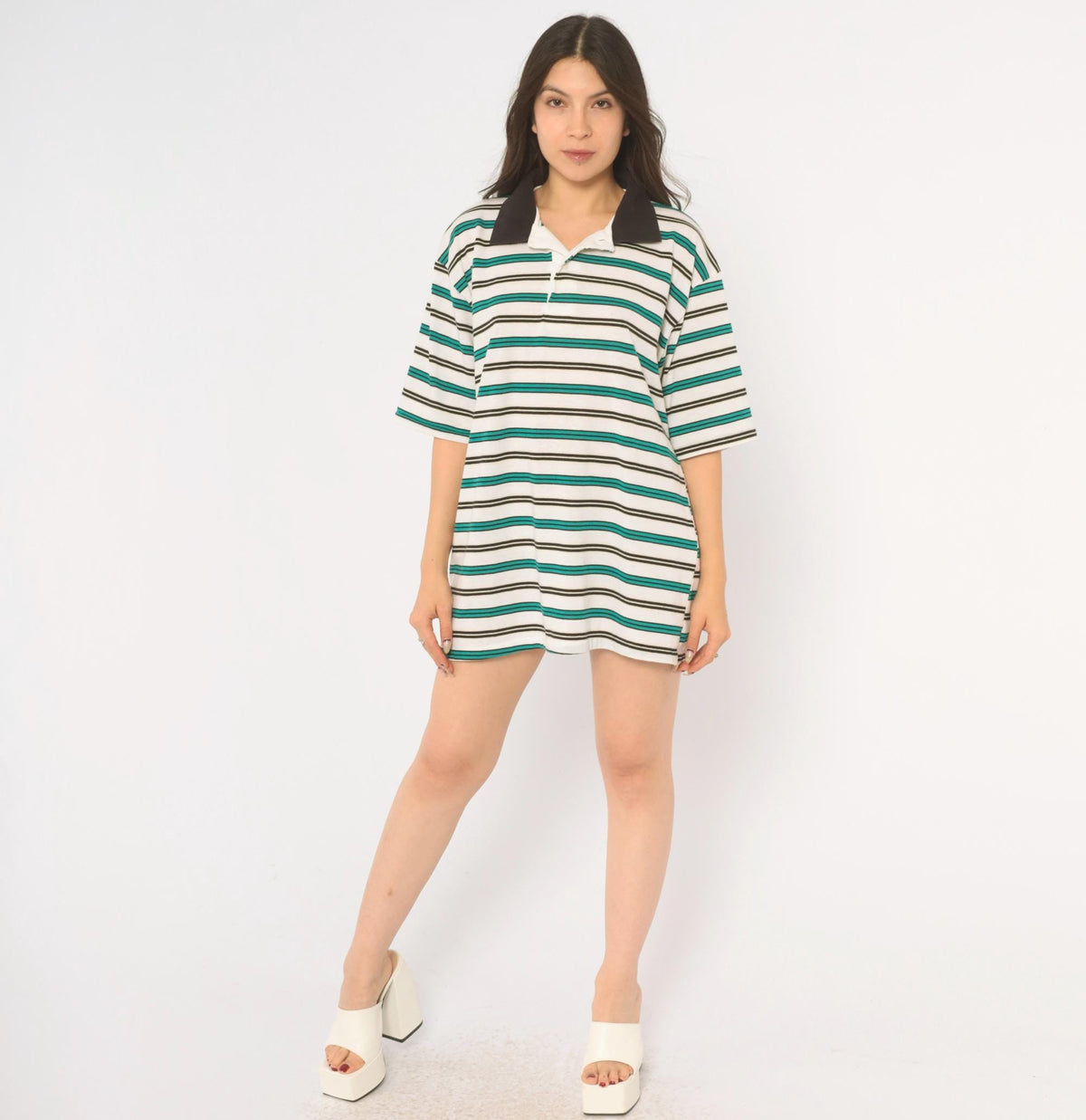 90s Classic Line Striped Polo Shirt White Teal Black Cotton Unisex Extra Large