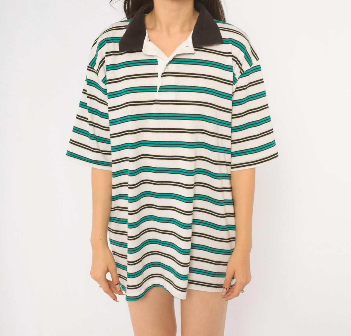 90s Classic Line Striped Polo Shirt White Teal Black Cotton Unisex Extra Large