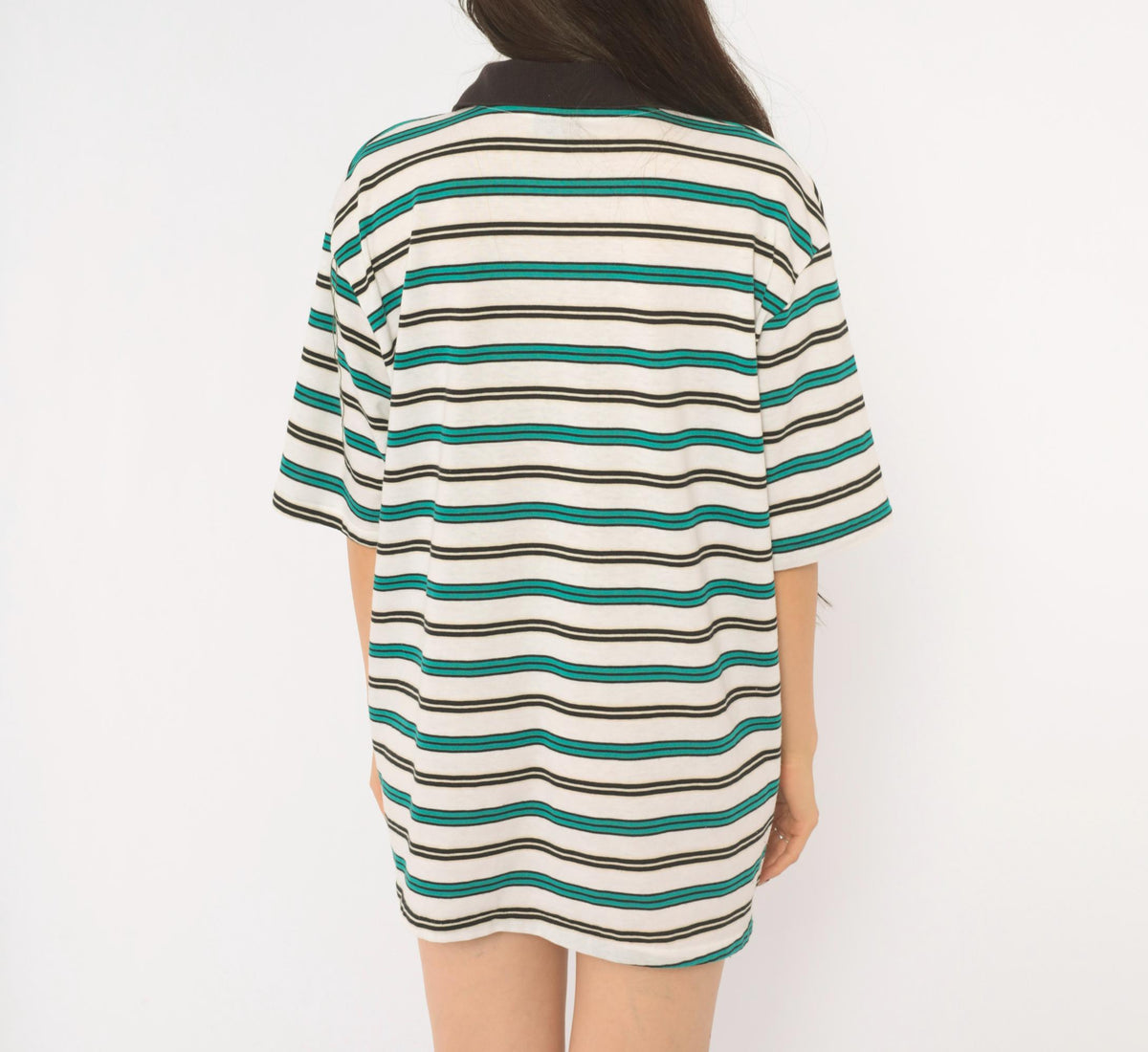 90s Classic Line Striped Polo Shirt White Teal Black Cotton Unisex Extra Large
