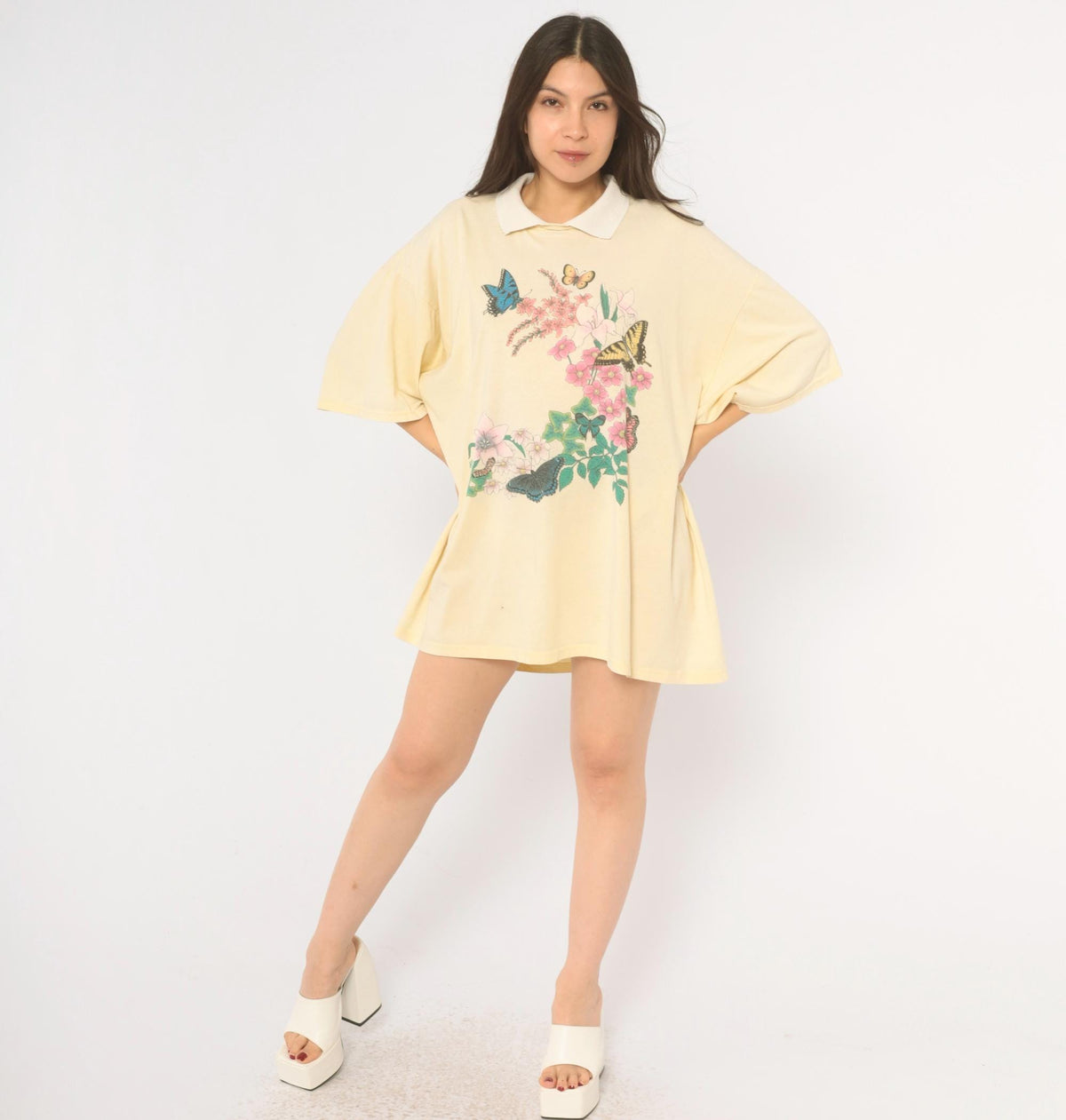 90s Cotton Grove Butterfly Floral Graphic Tee Yellow White Collar Plus Size XXL