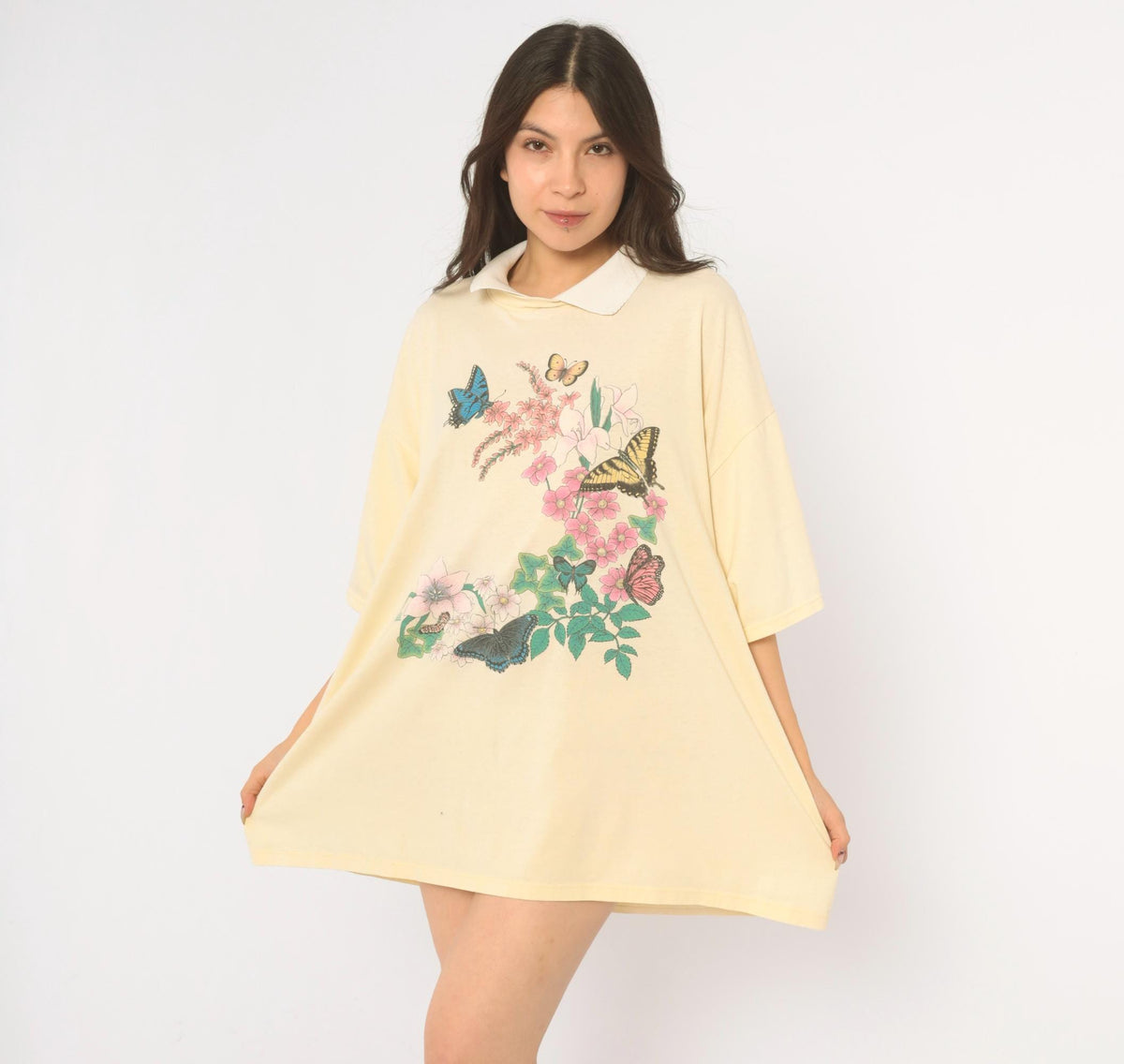 90s Cotton Grove Butterfly Floral Graphic Tee Yellow White Collar Plus Size XXL
