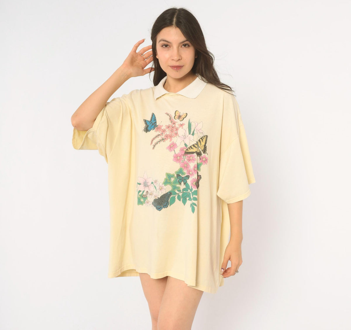 90s Cotton Grove Butterfly Floral Graphic Tee Yellow White Collar Plus Size XXL