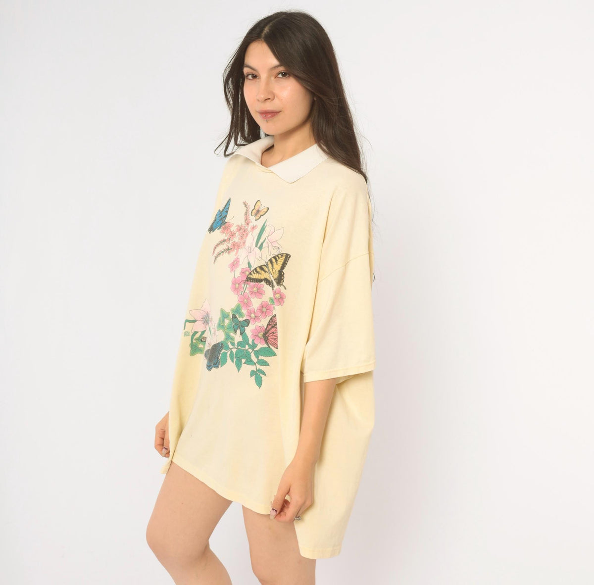 90s Cotton Grove Butterfly Floral Graphic Tee Yellow White Collar Plus Size XXL