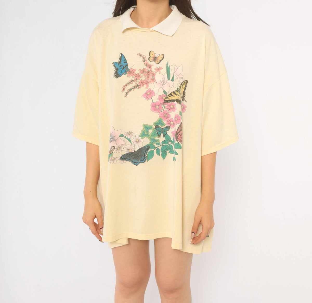 90s Cotton Grove Butterfly Floral Graphic Tee Yellow White Collar Plus Size XXL