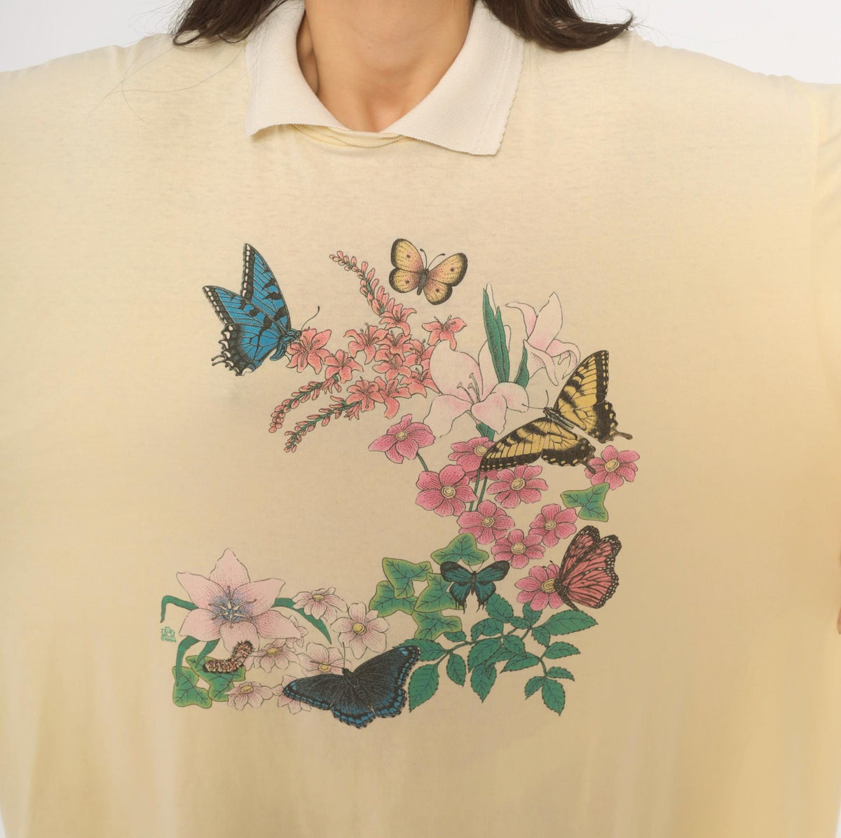 90s Cotton Grove Butterfly Floral Graphic Tee Yellow White Collar Plus Size XXL