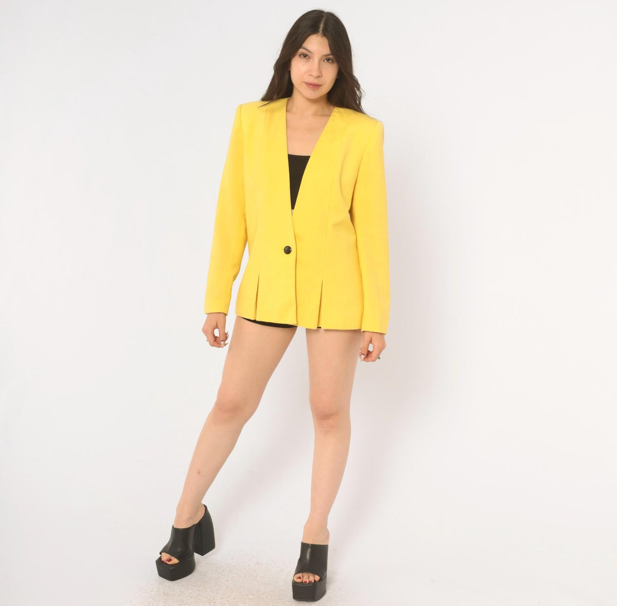80s Sasson Yellow Blazer Shoulder Pads V Neck Collarless Small