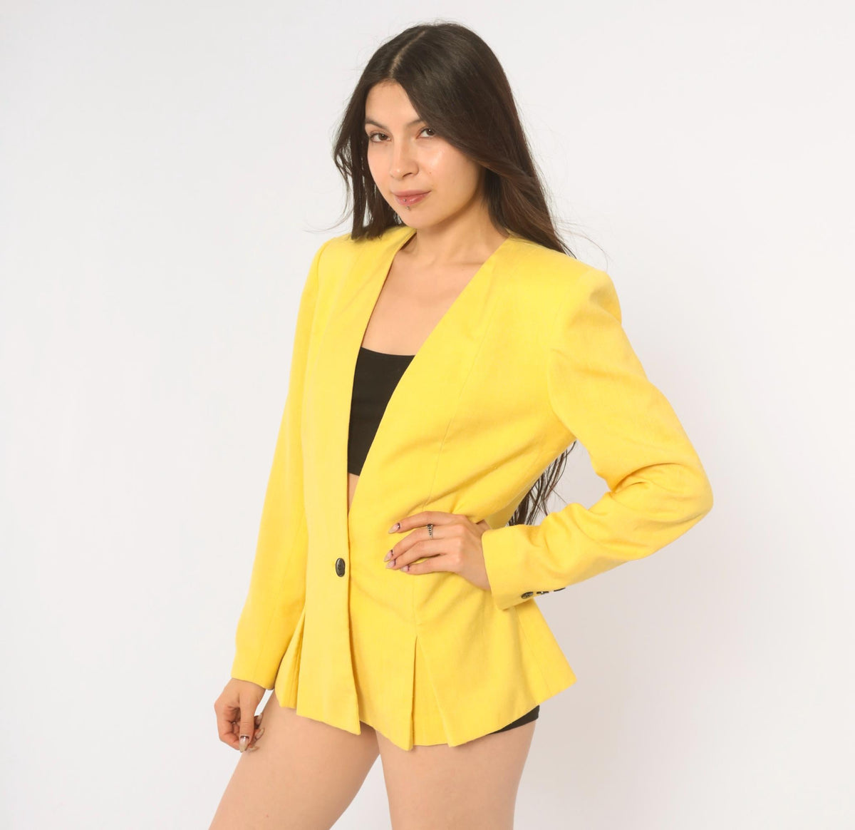 80s Sasson Yellow Blazer Shoulder Pads V Neck Collarless Small