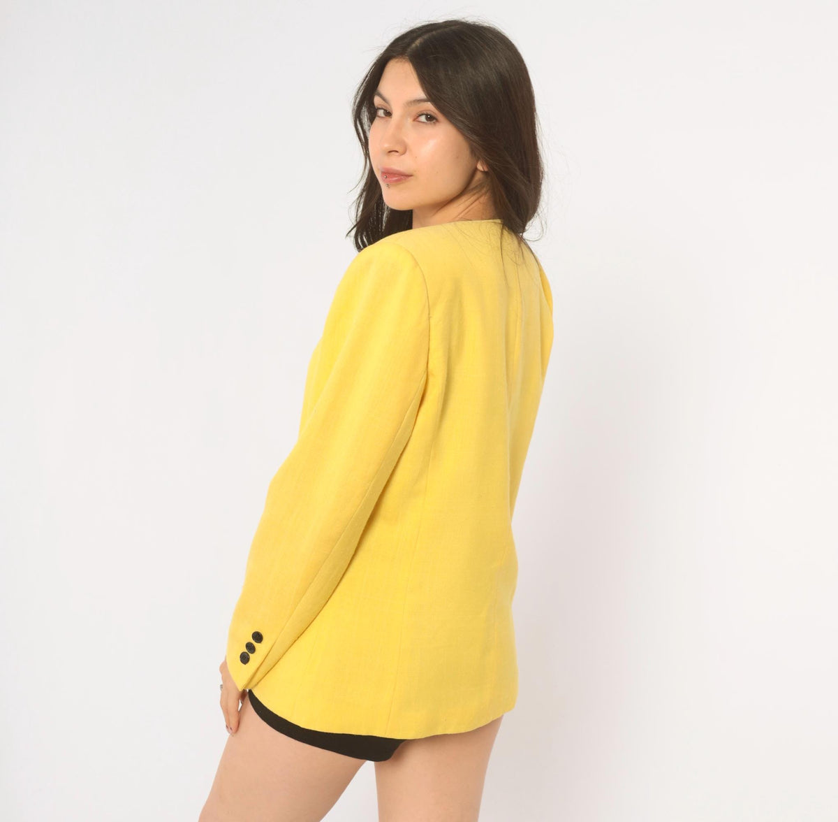80s Sasson Yellow Blazer Shoulder Pads V Neck Collarless Small