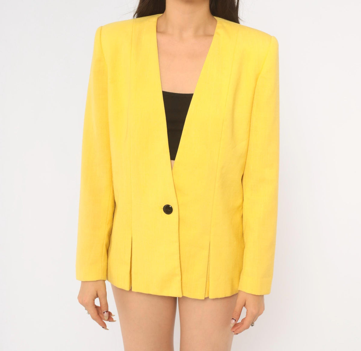 80s Sasson Yellow Blazer Shoulder Pads V Neck Collarless Small