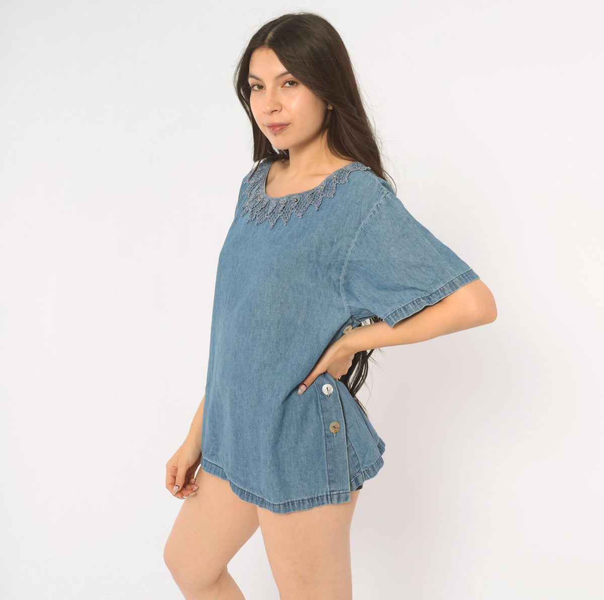 90s St. Joanne Jeans Denim Blouse Blue Chambray Crochet Lace Boxy Large L