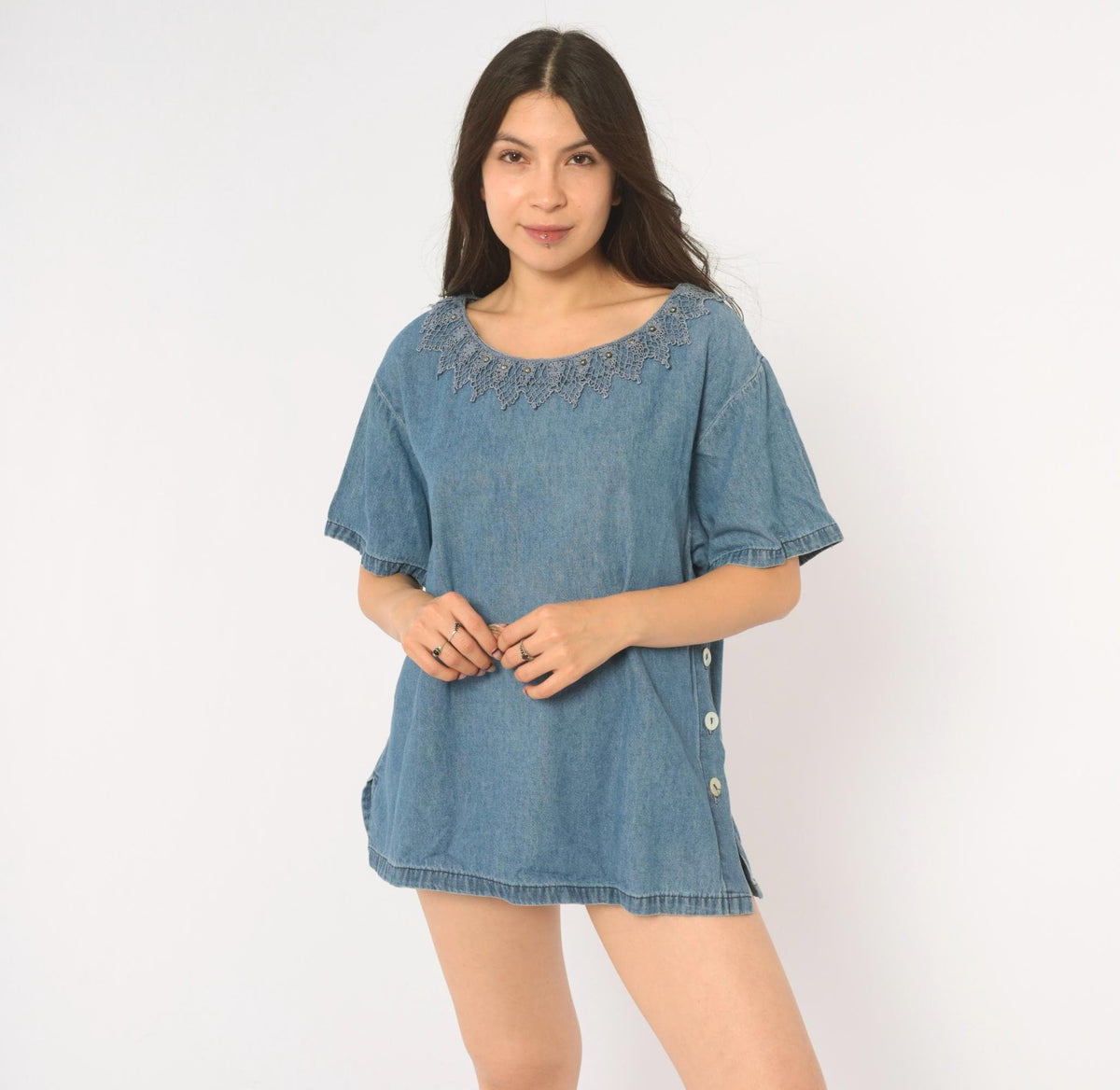 90s St. Joanne Jeans Denim Blouse Blue Chambray Crochet Lace Boxy Large L