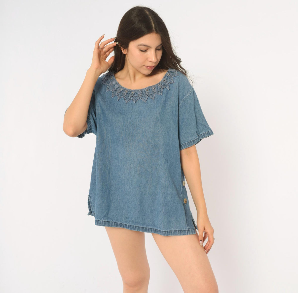 90s St. Joanne Jeans Denim Blouse Blue Chambray Crochet Lace Boxy Large L